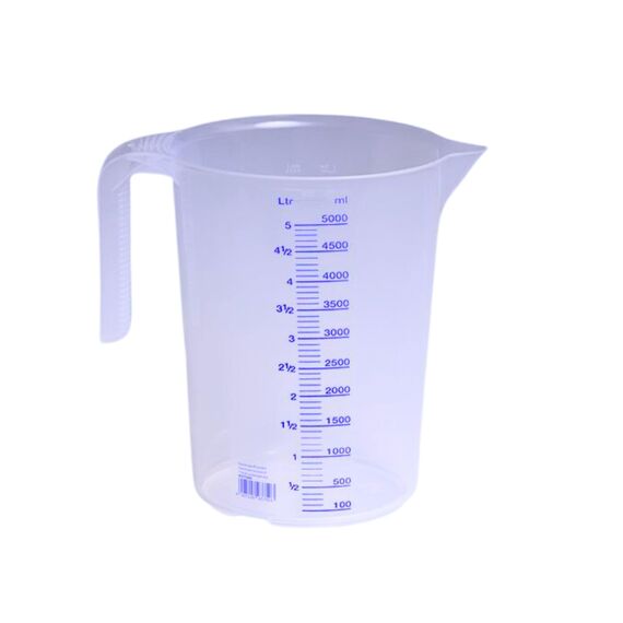 hünersdorff Messbecher 5l | Polypropylen (PP) | bruchsicher und spülmaschinengeeignet | offener Griff | blaue Skala, Transparente