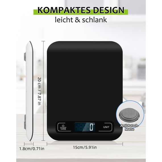 Küchenwaage Digital, 10KG Küchenwaage mit LCD Display und Tara Funktion, Küchenwaage zum Backen und Kochen, Messen von Zutaten, Genau 1g - (Schwarz)