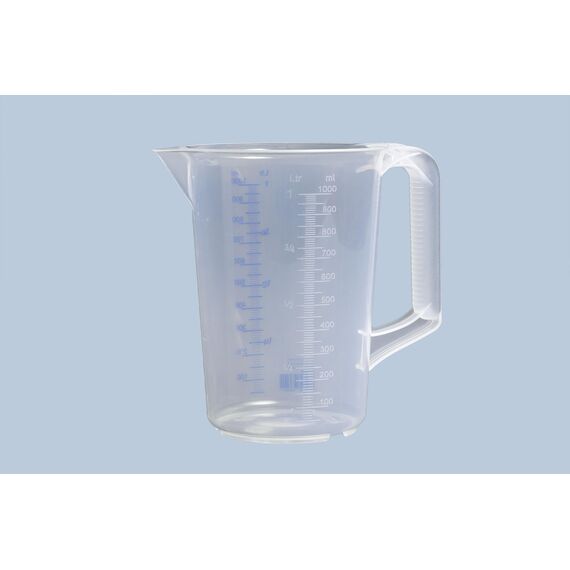hünersdorff Messbecher 1l | Polypropylen (PP) | bruchsicher und spülmaschinengeeignet | geschlossener Griff | blaue Skala, Transparent+blau