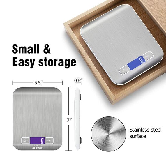 GRIFEMA Digitale Küchenwaage (Hochpräzise 1g-5000g), Feinwaage mit LCD Display und 2 Batterien, Waage Küchenwaage Abstellautomatik und Tara, Digitalwaage mit 6 Maßeinheit, Briefwaage Edelstahl