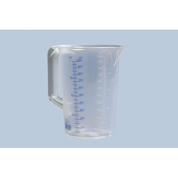 hünersdorff Messbecher 1l | Polypropylen (PP) | bruchsicher und spülmaschinengeeignet | geschlossener Griff | blaue Skala, Transparent+blau