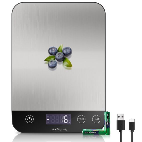Wiederaufladbar Digitale Küchenwaage, USB C Elektronik Küchenwaage, 15 kg Hochpräzise 1g/0.1oz Lebensmittelwaage, Professionell mit harter Funktion, Batterien enthalten