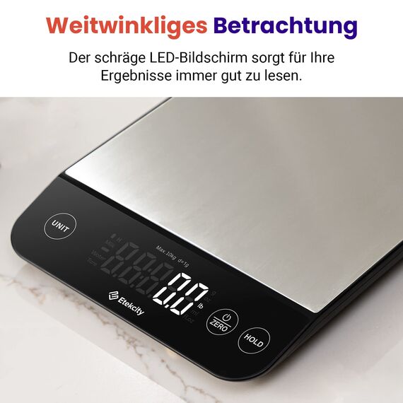 Etekcity Küchenwaage, Küchenwaage Digital 1g genau, 10kg Kitchen Scale mit LED-Display, Tare-Funktion, USB-Aufladung, Präzisionswaage für Küche, Edelstahl