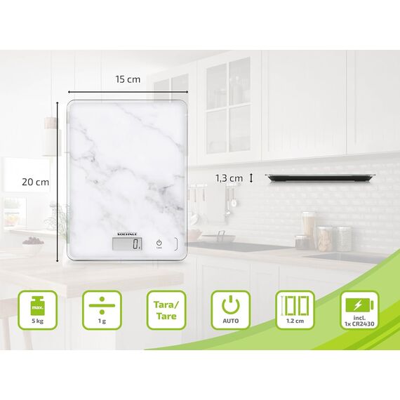 Soehnle Page Compact 300 Marble, digitale Küchenwaage mit Marmormuster, Gewicht bis zu 5 kg, Haushaltswaage mit patentierter Sensor-Touch-Funktion, elektronische Waage inkl. Batterien