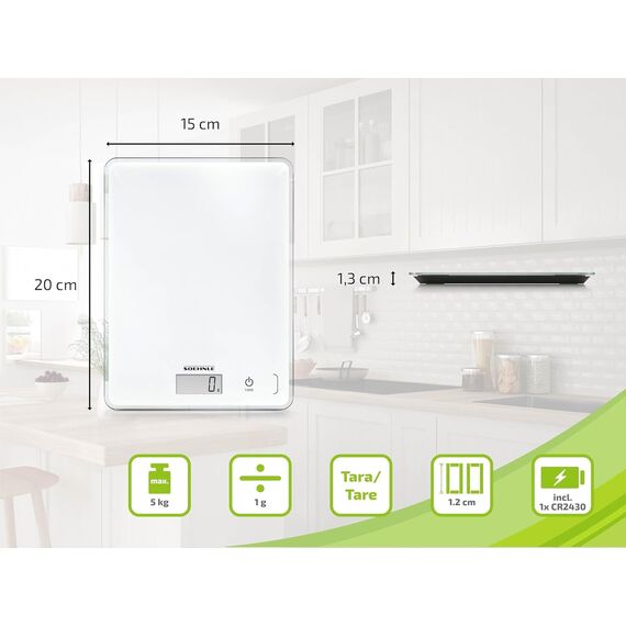 Soehnle Küchenwaage Page Compact 300 weiß, digitale Küchenwaage bis zu 5 kg Tragkraft, Waage mit leicht ablesbarer LCD-Anzeige, Digitalwaage mit Zuwiegefunktion