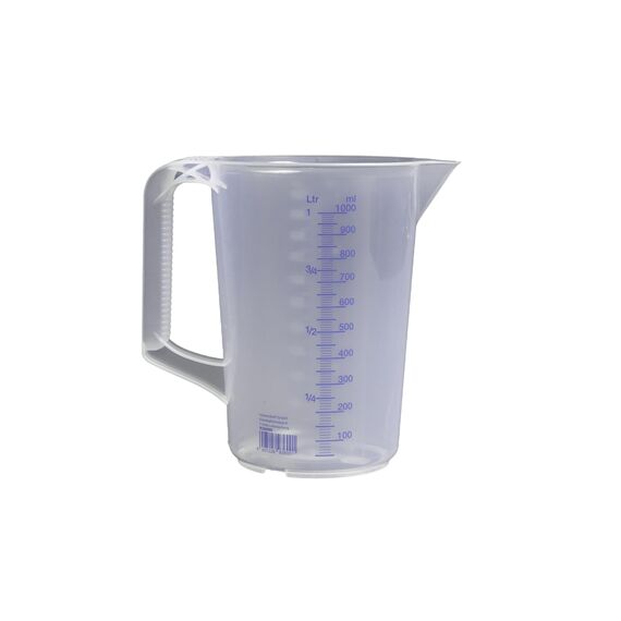 hünersdorff Messbecher 1l | Polypropylen (PP) | bruchsicher und spülmaschinengeeignet | geschlossener Griff | blaue Skala, Transparent+blau