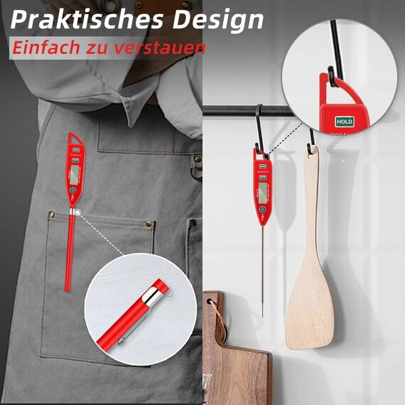 BOMATA Wasserdichtes IPX7 Thermometer, geeignet für Wasser, Flüssigkeiten,Kerzen und Kochen.Sofort ablesbares Lebensmittelthermometer mit langer Sonde,geeignet für Kochen,Fleisch,Grillen!T101 rot…