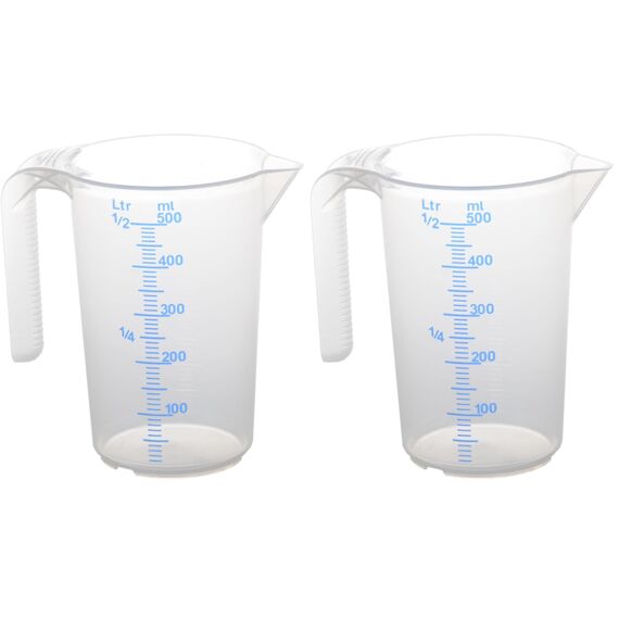 hünersdorff Messbecher 0,5l | Polypropylen (PP) | bruchsicher und spülmaschinengeeignet | offener Griff |, Transparent+blau (Packung mit 2)