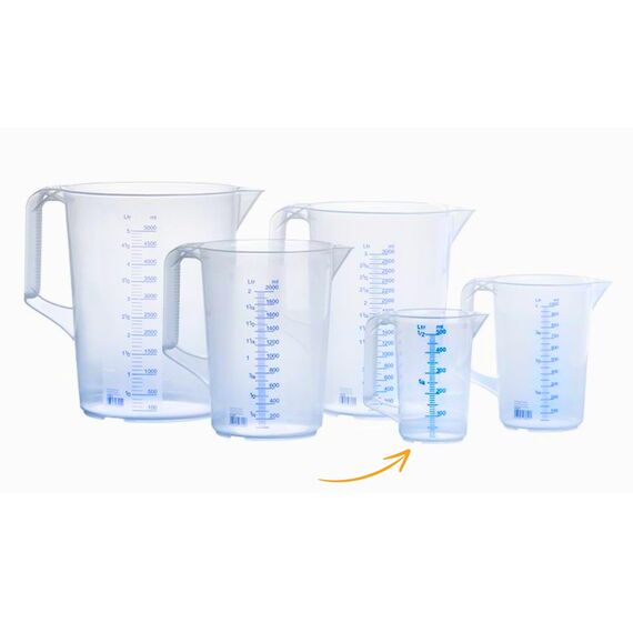 hünersdorff Messbecher 0,5l | Polypropylen (PP) | bruchsicher und spülmaschinengeeignet | geschlossener Griff | blaue Skala, Transparent+blau (Packung mit 2)