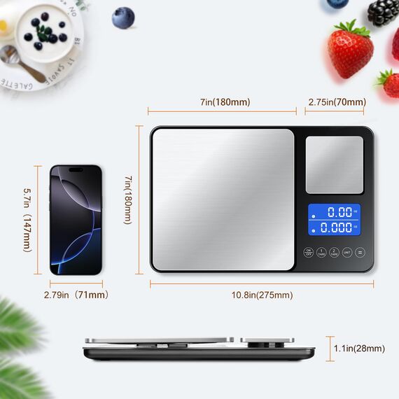 Küchenwaage Digital mit Dual Plattform,7 Einheiten,15kg/33 lbs, LCD Display,Tara Funktion,Digitalwaage mit zwei Messbereichen,Präzise Briefwaage,Feinwaage für Sauerteigbrot Backen Kochen Doppelwaage