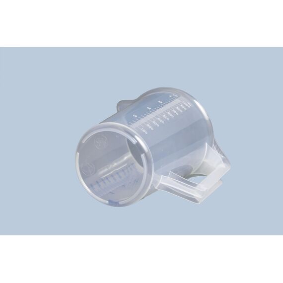 hünersdorff Messbecher 1l | Polypropylen (PP) | bruchsicher und spülmaschinengeeignet | geschlossener Griff | blaue Skala, Transparent+blau