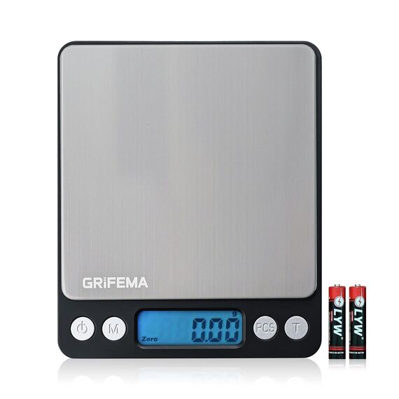 GRIFEMA Küchenwaage Digitale Profi (Hochpräzise 0.01g-500g)- Feinwaage mit LCD Display und 2 Batterien, Briefwaage Abstellautomatik und Tara, Kitchen Scale Klein mit 6 Maßeinheit