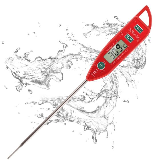 BOMATA Wasserdichtes IPX7 Thermometer, geeignet für Wasser, Flüssigkeiten,Kerzen und Kochen.Sofort ablesbares Lebensmittelthermometer mit langer Sonde,geeignet für Kochen,Fleisch,Grillen!T101 rot…