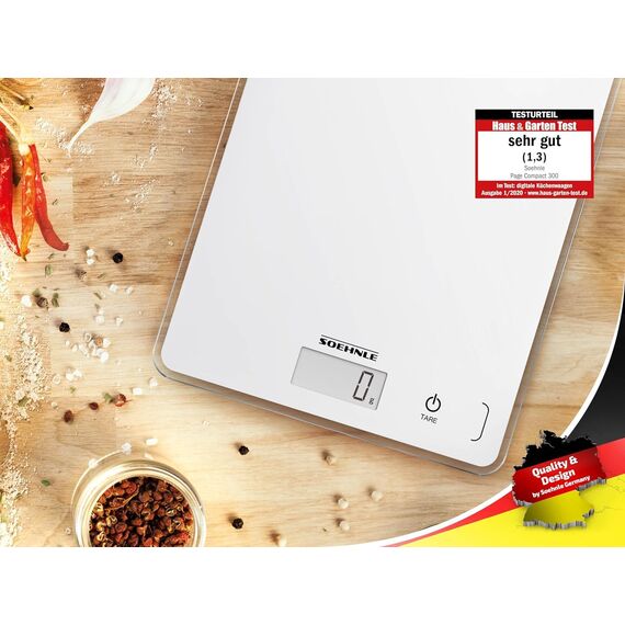 Soehnle Küchenwaage Page Compact 300 weiß, digitale Küchenwaage bis zu 5 kg Tragkraft, Waage mit leicht ablesbarer LCD-Anzeige, Digitalwaage mit Zuwiegefunktion