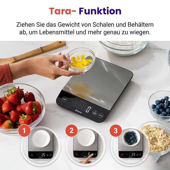 Etekcity Küchenwaage, Küchenwaage Digital 1g genau, 10kg Kitchen Scale mit LED-Display, Tare-Funktion, USB-Aufladung, Präzisionswaage für Küche, Edelstahl