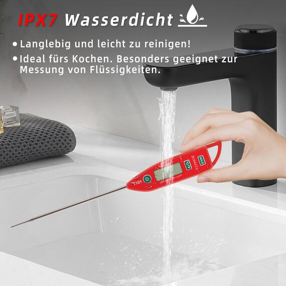 BOMATA Wasserdichtes IPX7 Thermometer, geeignet für Wasser, Flüssigkeiten,Kerzen und Kochen.Sofort ablesbares Lebensmittelthermometer mit langer Sonde,geeignet für Kochen,Fleisch,Grillen!T101 rot…