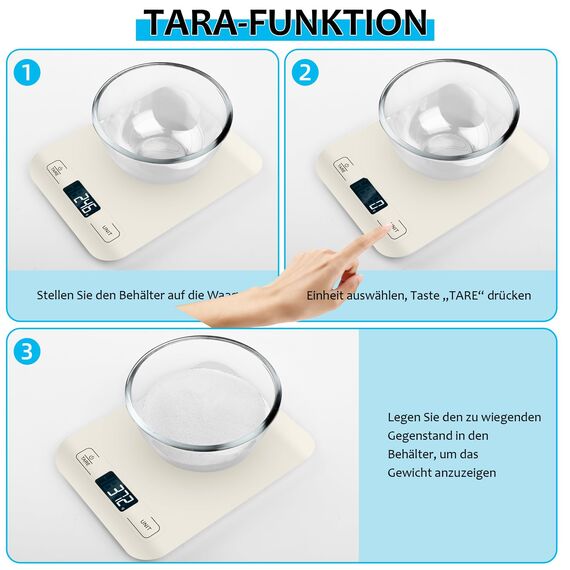 Küchenwaage Digital, 10KG Küchenwaage mit LCD Display und Tara Funktion, Küchenwaage zum Backen und Kochen, Messen von Zutaten, Genau 1g - (Weiß)