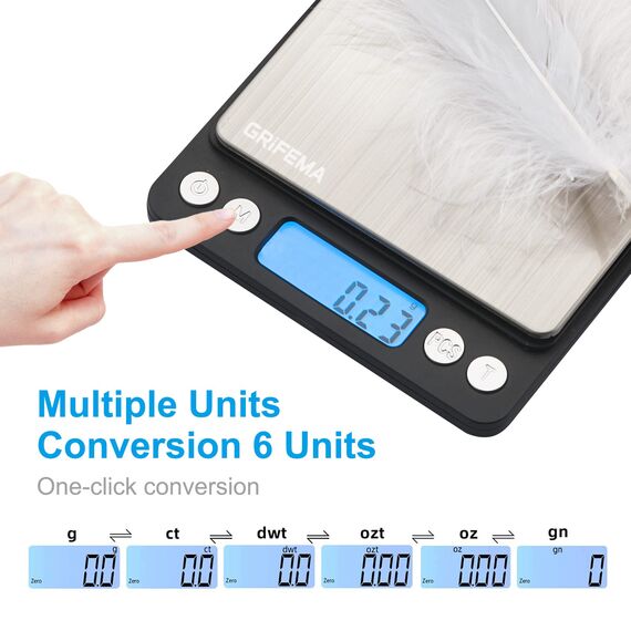 GRIFEMA Küchenwaage Digitale Profi (Hochpräzise 0.01g-500g)- Feinwaage mit LCD Display und 2 Batterien, Briefwaage Abstellautomatik und Tara, Kitchen Scale Klein mit 6 Maßeinheit