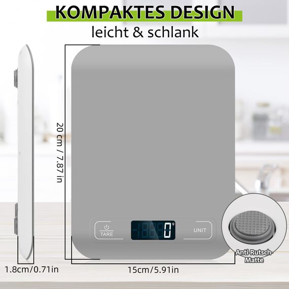 Küchenwaage Digital, 10KG Küchenwaage mit LCD Display und Tara Funktion, Professionelle Digitalwaagen zum Backen und Kochen, Genau 1g - (Grau)