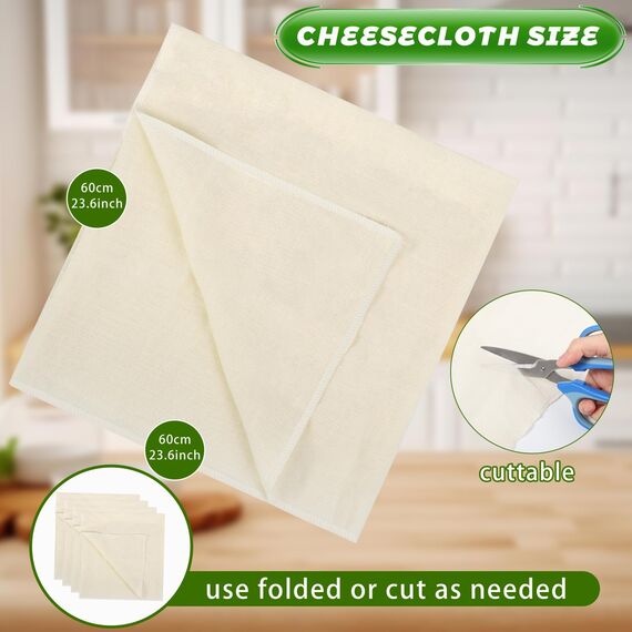 4 Stück Passiertuch, 60 x 60 cm Käsetuch Waschbares Mulltuch, Ungebleichte Dichtegrad 100 Cheesecloth Wiederverwendbar zum Sieben von Saft Käse Tee Nussmilch Suppe Joghurt Tofu