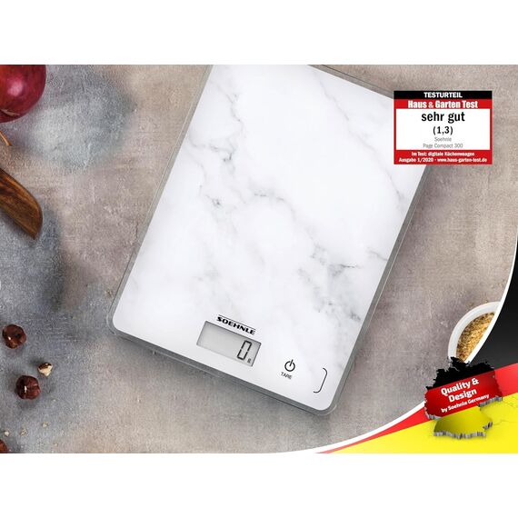 Soehnle Page Compact 300 Marble, digitale Küchenwaage mit Marmormuster, Gewicht bis zu 5 kg, Haushaltswaage mit patentierter Sensor-Touch-Funktion, elektronische Waage inkl. Batterien