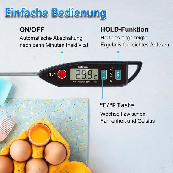 BOMATA Wasserdichtes IPX7 Thermometer, geeignet für Wasser, Flüssigkeiten,Kerzen und Kochen.Sofort ablesbares Lebensmittelthermometer mit langer Sonde,geeignet für Kochen,Fleisch,Grillen!T101 schwarz