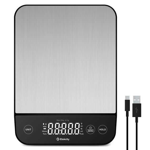 Etekcity Küchenwaage, Küchenwaage Digital 1g genau, 10kg Kitchen Scale mit LED-Display, Tare-Funktion, USB-Aufladung, Präzisionswaage für Küche, Edelstahl