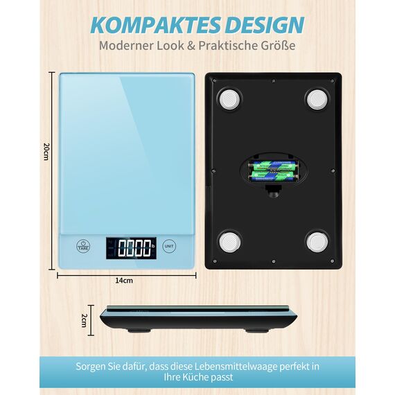 Küchenwaage Digital 10KG Küchenwaagen Glas Digitale Waage Elektronische Haushaltswaage zum Backen, Tara Funktion, Touch-Taste, 1g Genaue - Blau