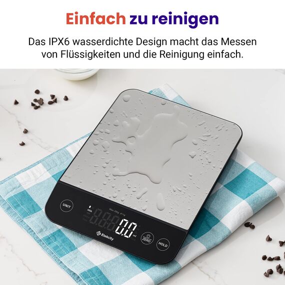 Etekcity Küchenwaage, Küchenwaage Digital 1g genau, 10kg Kitchen Scale mit LED-Display, Tare-Funktion, USB-Aufladung, Präzisionswaage für Küche, Edelstahl