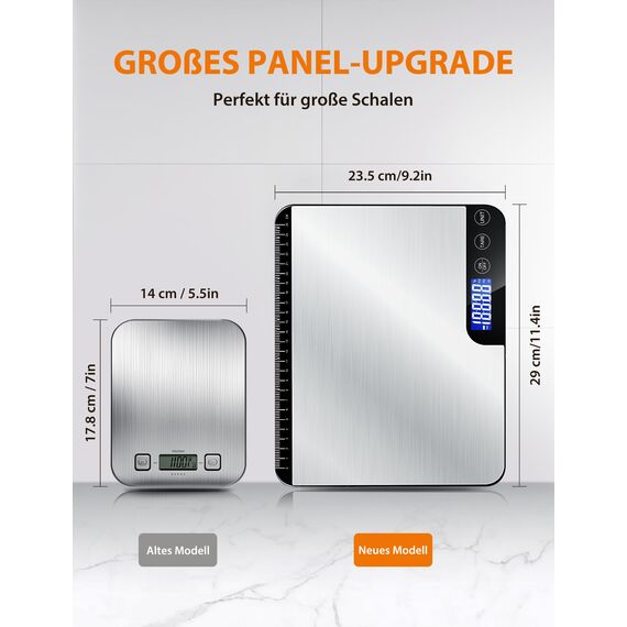 Küchenwaage Digital 20KG,Großer Wiegefläche Digitalwaage mit Lineal,Professionelle Electronische Waage,Edelstahl Haushaltswaage Lebensmittelwaage,LCD Anzeige,Tara Funktion,5 Einheiten,2AAA Batterien