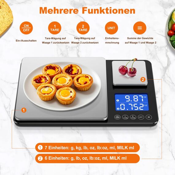 Küchenwaage Digital mit Dual Plattform,7 Einheiten,15kg/33 lbs, LCD Display,Tara Funktion,Digitalwaage mit zwei Messbereichen,Präzise Briefwaage,Feinwaage für Sauerteigbrot Backen Kochen Doppelwaage