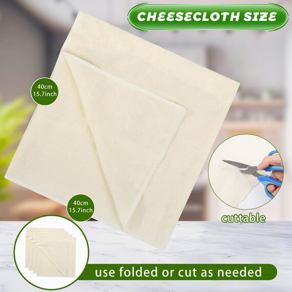 4 Stück Passiertuch, 40 x 40 cm Käsetuch Waschbares Mulltuch, Ungebleichte Dichtegrad 100 Cheesecloth Wiederverwendbar zum Sieben von Saft Käse Tee Nussmilch Suppe Joghurt Tofu
