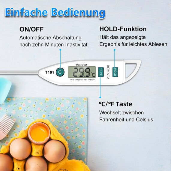 BOMATA Wasserdichtes IPX7 Thermometer, geeignet für Wasser, Flüssigkeiten,Kerzen und Kochen.Sofort ablesbares Lebensmittelthermometer mit langer Sonde,geeignet für Kochen,Fleisch,Grillen!T101 weiß…