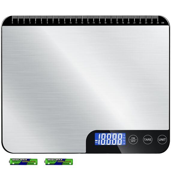 Küchenwaage Digital 20KG,Großer Wiegefläche Digitalwaage mit Lineal,Professionelle Electronische Waage,Edelstahl Haushaltswaage Lebensmittelwaage,LCD Anzeige,Tara Funktion,5 Einheiten,2AAA Batterien