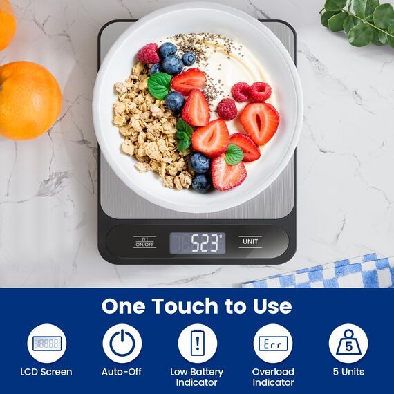 【10KG & Edelstahl】Digitale Küchenwaage, elektronische Lebensmittelwaage mit Tara-Funktion, hohe Präzision 1g/0.1oz, leicht zu reinigen, Batterien inklusive