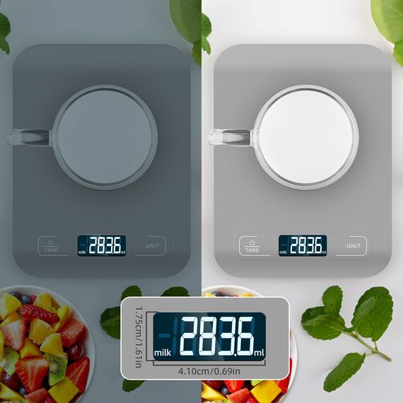 Küchenwaage Digital, 10KG Küchenwaage mit LCD Display und Tara Funktion, Professionelle Digitalwaagen zum Backen und Kochen, Genau 1g - (Grau)