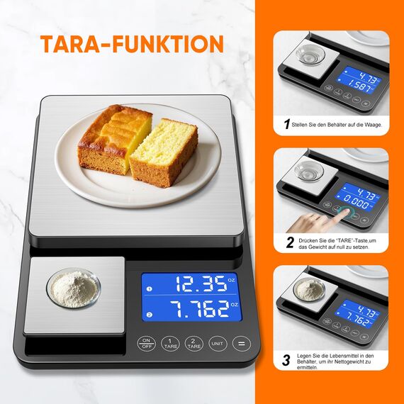 Küchenwaage Digital mit Dual Plattform,15kg/33 lbs,7 Einheiten,LCD Display,Tara Funktion,Digitalwaage mit zwei Messbereichen,Präzise Briefwaage,Feinwaage für Sauerteigbrot Backen Kochen Doppelwaage