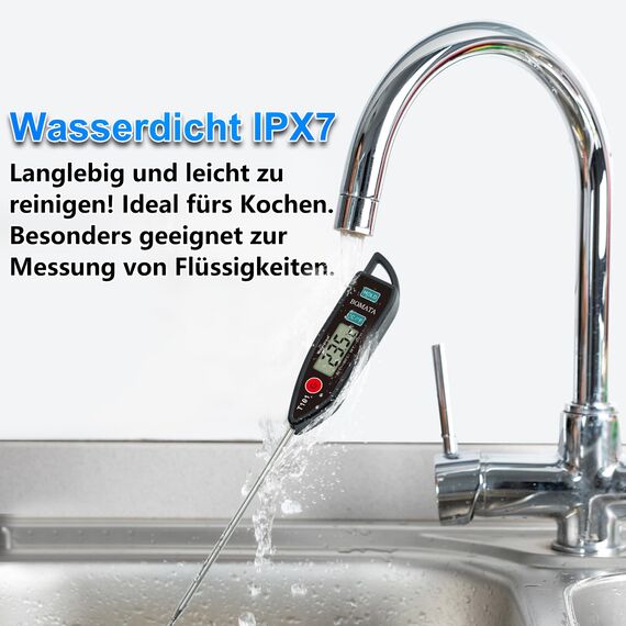 BOMATA Wasserdichtes IPX7 Thermometer, geeignet für Wasser, Flüssigkeiten,Kerzen und Kochen.Sofort ablesbares Lebensmittelthermometer mit langer Sonde,geeignet für Kochen,Fleisch,Grillen!T101 schwarz