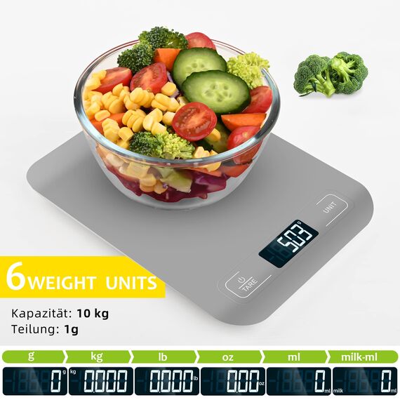 Küchenwaage Digital, 10KG Küchenwaage mit LCD Display und Tara Funktion, Professionelle Digitalwaagen zum Backen und Kochen, Genau 1g - (Grau)