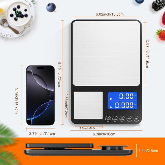 Küchenwaage Digital mit Dual Plattform,15kg/33 lbs,7 Einheiten,LCD Display,Tara Funktion,Digitalwaage mit zwei Messbereichen,Präzise Briefwaage,Feinwaage für Sauerteigbrot Backen Kochen Doppelwaage