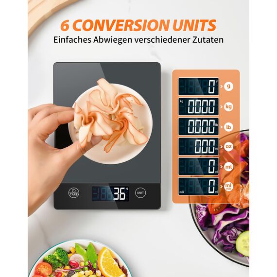Küchenwaage Digital 10KG Küchenwaagen Glas Digitale Waage Wasserdicht Elektronische Haushaltswaage zum Backen, Tara Funktion, Touch-Taste, 1g Genaue - Grau
