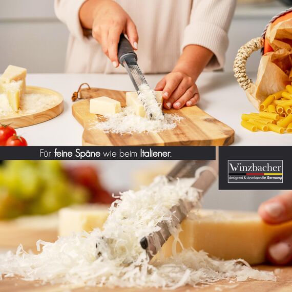 Winzbacher - Premium Zester Reibe I Parmesanreibe, Zitronenreibe, Muskatnuss Reibe, Ingwerreibe u.v.m. I rasiermesserscharfe Edelstahl Klinge I Spülmaschinenfest I inkl. Schụtz & Reinigungsbürste
