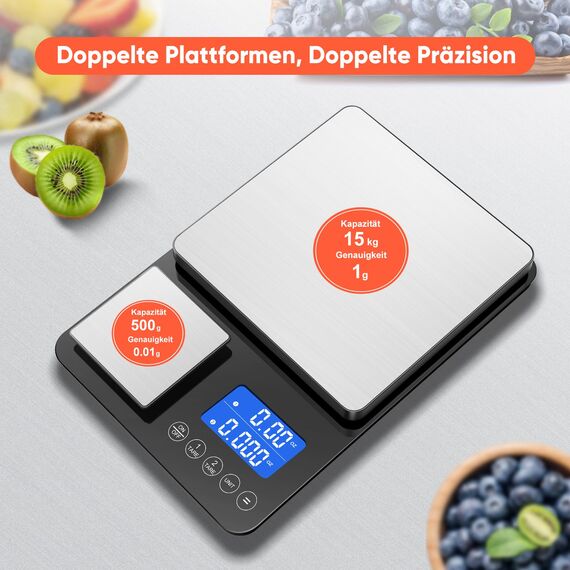 Küchenwaage Digital mit Dual Plattform,15kg/33 lbs,7 Einheiten,LCD Display,Tara Funktion,Digitalwaage mit zwei Messbereichen,Präzise Briefwaage,Feinwaage für Sauerteigbrot Backen Kochen Doppelwaage