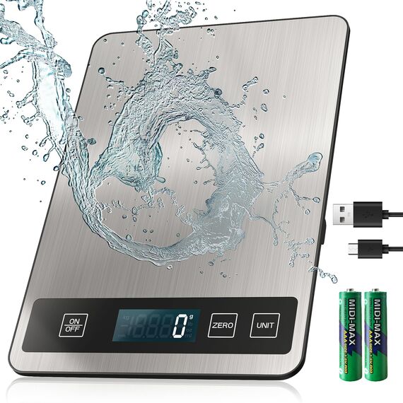 Digitale Küchenwaage, USB C Elektronik Küchenwaage, 15 kg Hochpräzise 1g/0.1oz Lebensmittelwaage, Professionell mit harter Funktion, Batterien enthalten