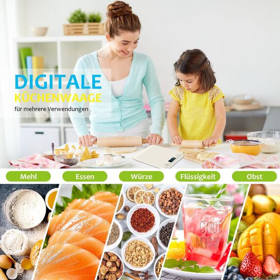 Küchenwaage Digital, 10KG Küchenwaage mit LCD Display und Tara Funktion, Küchenwaage zum Backen und Kochen, Messen von Zutaten, Genau 1g - (Weiß)