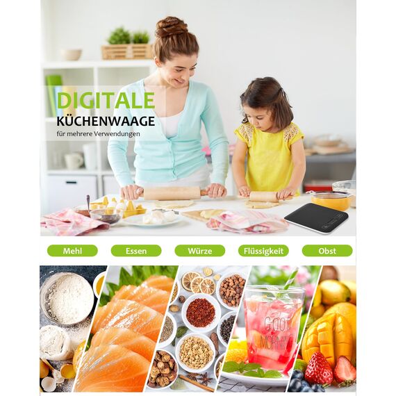 Küchenwaage Digital, 10KG Küchenwaage mit LCD Display und Tara Funktion, Küchenwaage zum Backen und Kochen, Messen von Zutaten, Genau 1g - (Schwarz)