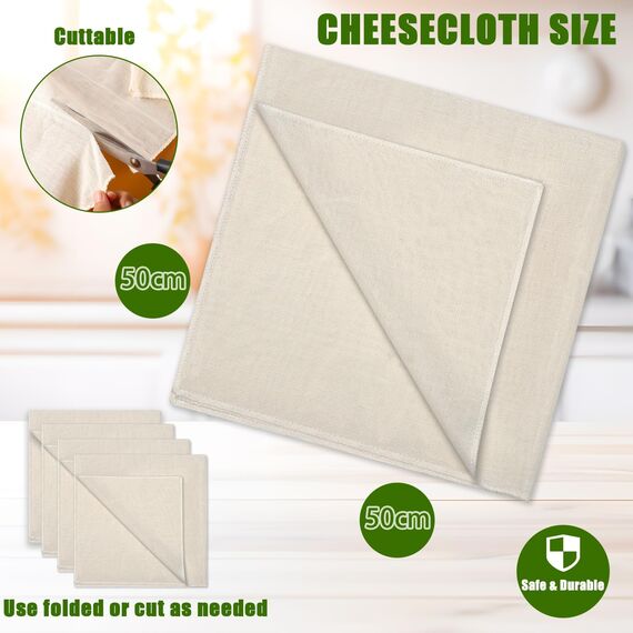 4 Stück Passiertuch, 50 x 50 cm Käsetuch Waschbares Mulltuch, Ungebleichte Dichtegrad 100 Cheesecloth Wiederverwendbar zum Sieben von Saft Käse Tee Nussmilch Suppe Joghurt Tofu