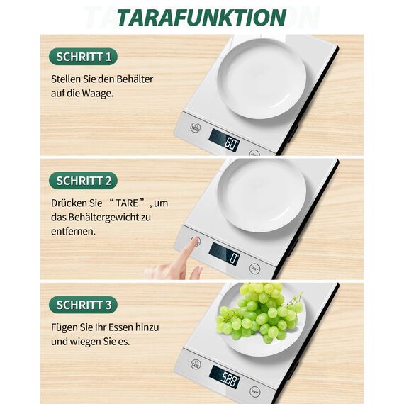 Küchenwaage Digital 10KG Küchenwaagen Glas Digitale Waage Elektronische Haushaltswaage zum Backen, Tara Funktion, Touch-Taste, 1g Genaue - (Silber)