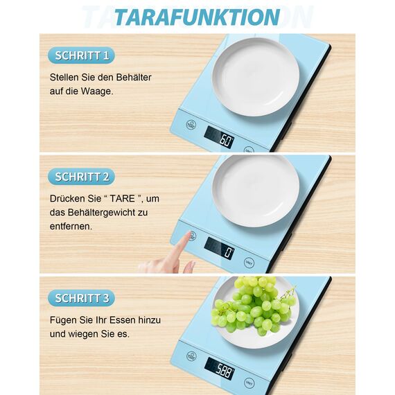 Küchenwaage Digital 10KG Küchenwaagen Glas Digitale Waage Elektronische Haushaltswaage zum Backen, Tara Funktion, Touch-Taste, 1g Genaue - Blau