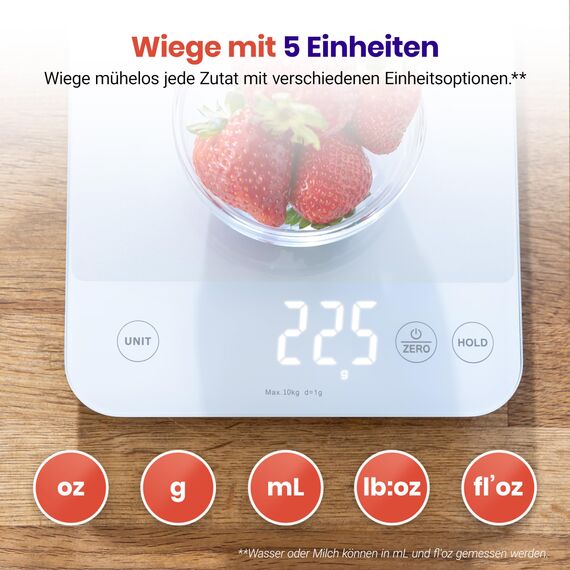 ETEKCITY Küchenwaage, Präzisionswaage 0,1g genau, 10kg Küchenwaage Digital mit Großem LED-Display, Wasserdichte Waage Küche, Kitchen Scale zum Abmessen von Flüssigkeiten, Tara-Funktion